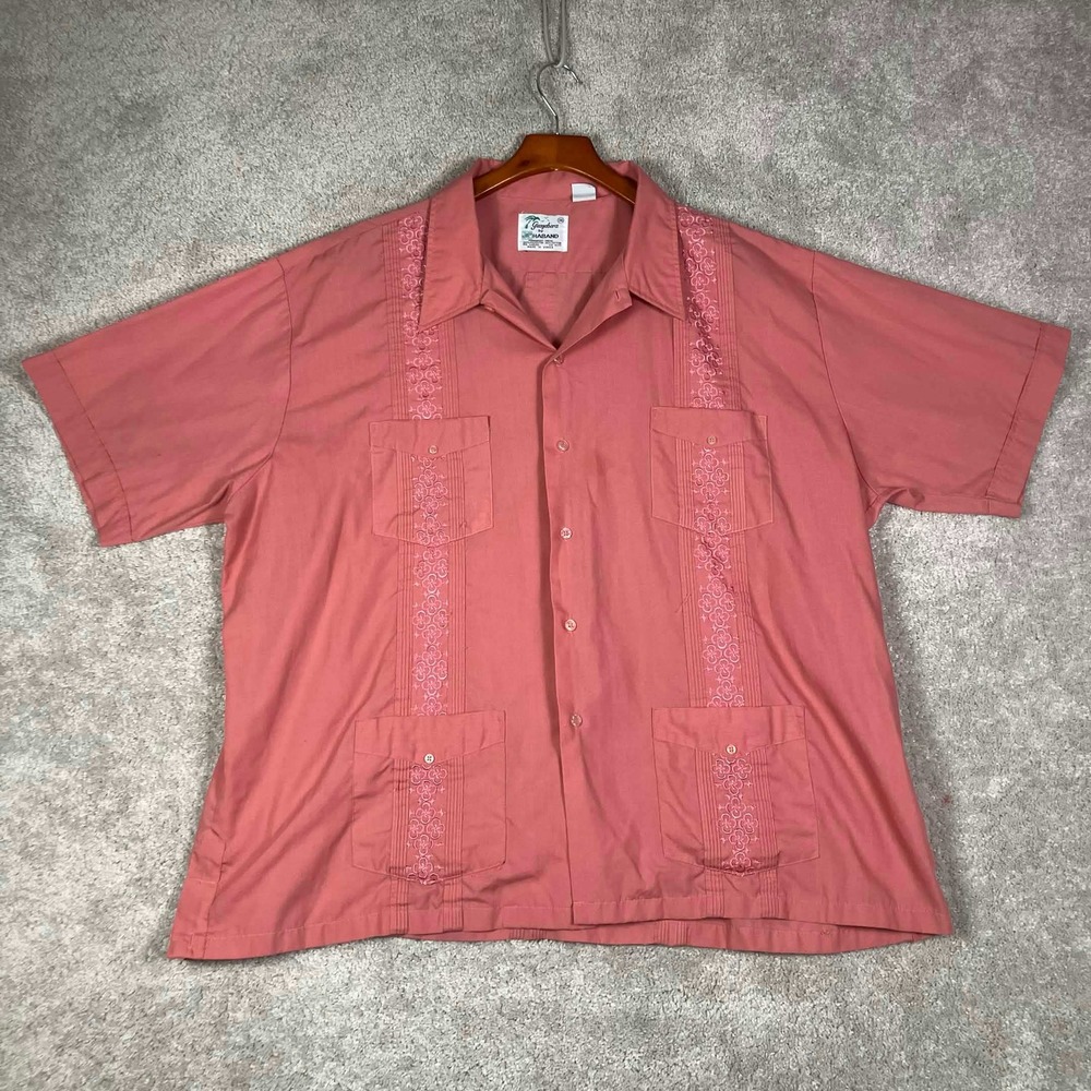 Vintage 80s Guayabera Haband Shirt Button Men 3XL Pink Cuban Wedding Embroidered